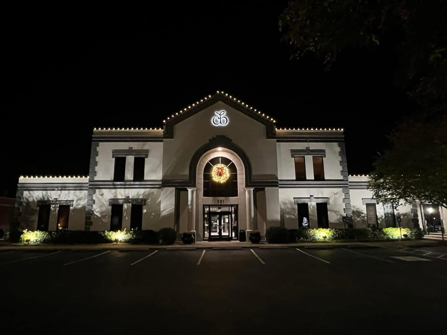 Custom Christmas lighting on a West Georgia stone home